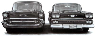 This comparison of a new 1957 Chevrolet and a 1958 mockup shows how the Chevrolet look evolved.