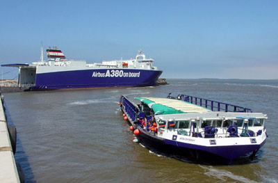 A380 wings carried on the Dee-Dee River Craft between Airbus UK's Broughton factory and Port of Mostyn