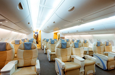 A380 cabin mock-up, upper-deck business class