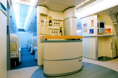 A380 cabin mock-up, upper-deck social area