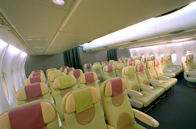 A380 cabin mock-up, main-deck economy class