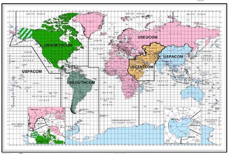 这张世界地图显示了联合作战司令部的六个地区司令18新利最新登入部中的五个。美国非洲司令部(USAFRICOM)于2007年2月由美国非洲司令部、美国中央司令部和美国太平洋司令部的一部分组成，计划于2008年9月开始运作。