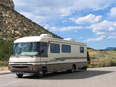 An RV parked at a scenic stop