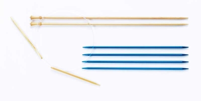 From left to right: circular needles; straight, single-point needles, double-pointed needles.