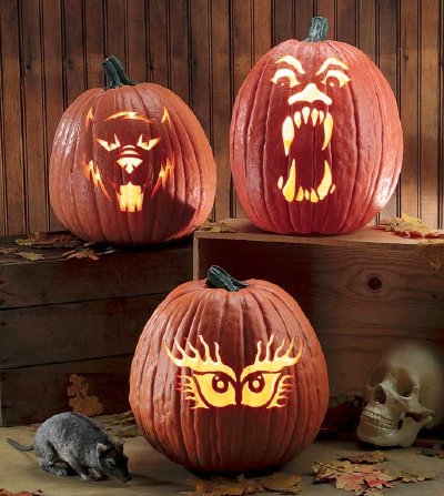 Howlin' Wolf, Glare Scare, and and Eye See You scary pumpkin designs.