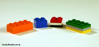 You can make a 2 x 2 brick with three 2 x 2 plates or a 2 x 4 brick with three 2 x 4 plates. Or, you can combine 2 x 2 bricks and plates to make a 2 x 4 brick.