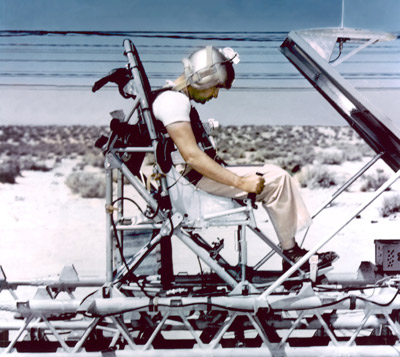 Col. John Paul Stapp aboard the “Gee Whiz” rocket sled at Edwards Air Force Base.