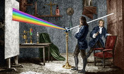 Newton disperses light with a glass prism.