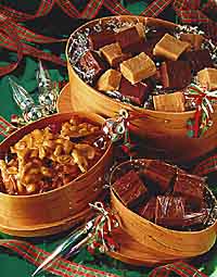 Top box: Dark Chocolate Fudge and Peanut Butter Fudge; Middle box: Traditional Peanut Brittle Top box: Dark Chocolate Fudge and Peanut Butter Fudge; Middle box: Traditional Peanut Brittle