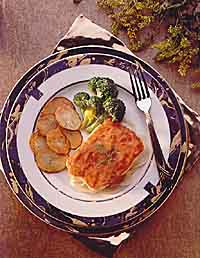 Clockwise from top: Lemony Steamed Broccoli, Halibut with Roasted Pepper Sauce, Oven-Roasted Potatoes Clockwise from top: Lemony Steamed Broccoli, Halibut with Roasted Pepper Sauce, Oven-Roasted Potatoes