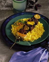 Lamb and Vegetable Kabob on Saffron Rice Lamb and Vegetable Kabob on Saffron Rice