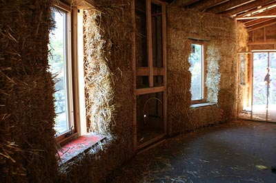 thicks walls of straw bale home